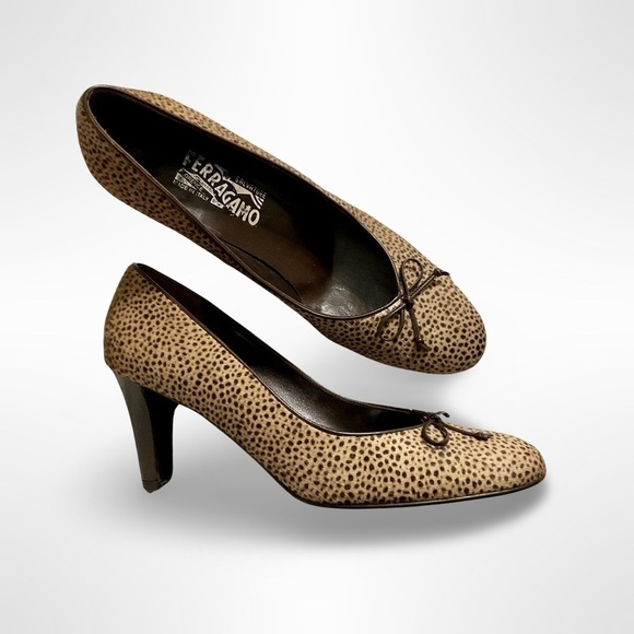 Ferragamo Shoes Womens 7 2A Narrow 'Galena' Heels Calf Hair Leather Animal Print - Picture 1 of 11